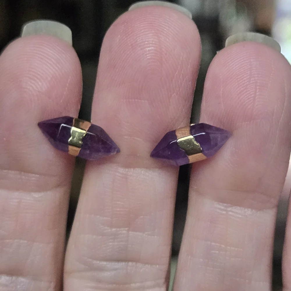 Amethyst natural crystal gemstone sterling & gold earrings - Picture 5 of 8